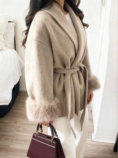 Romantic, Elegant, Minimalist Casual Fashion Commuter Long Sleeve Warm Coat, Solid Color Faux Fur Trim, Women Overcoat For Holiday, Evening Date, Office, Vacation, Autumn/Winter