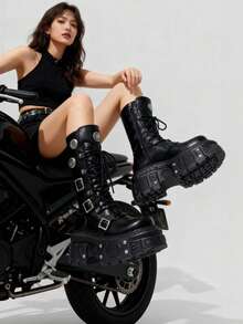 Goth Platform Chunky Boots For Women Lace Up Round Toe Rivet Combat Boots Daily Casual Cosplay Or Gothic Dresses Halloween Concert Festival Mid-Calf Boots - 黑色 - 查看 3