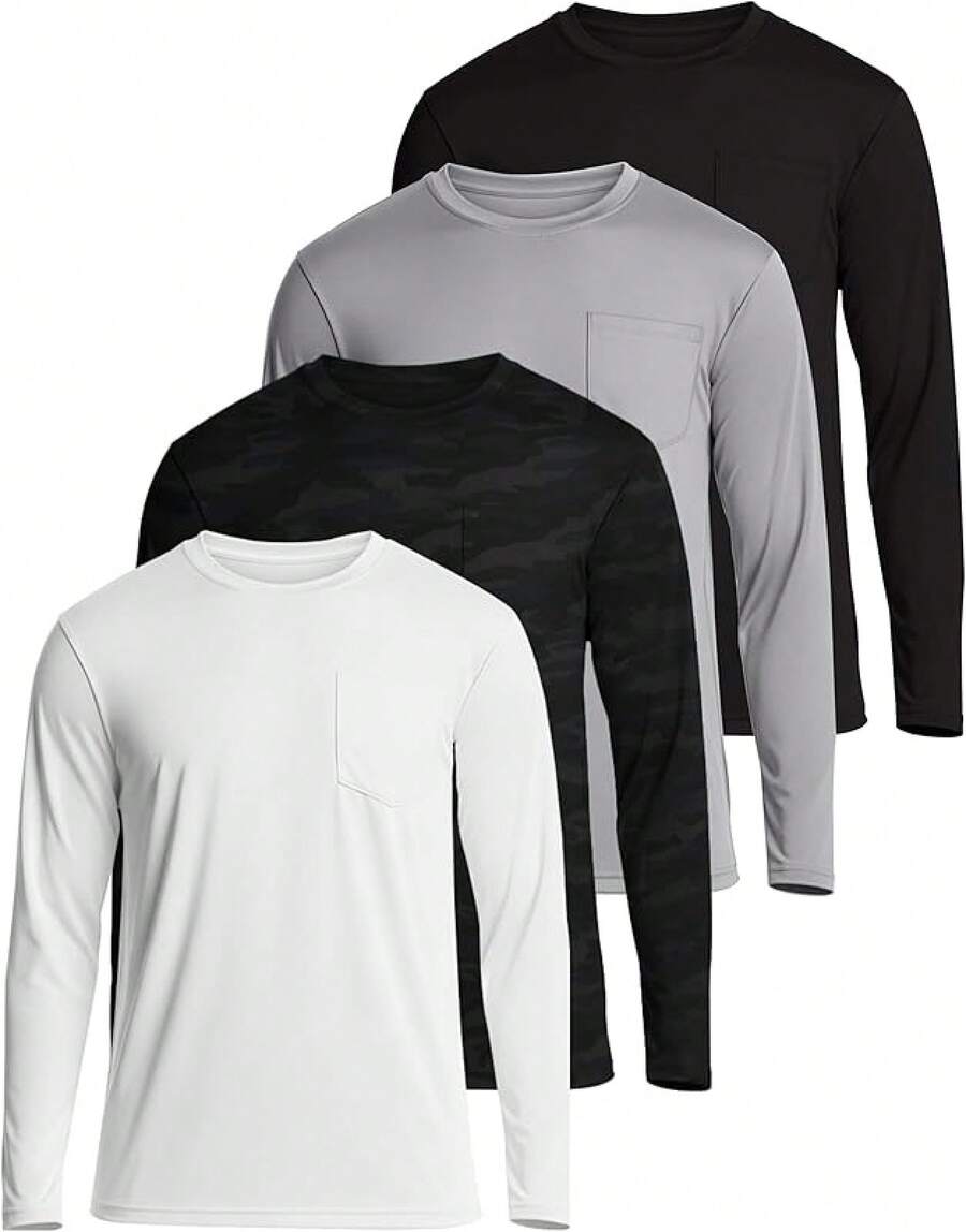 4 Pack: Men's Dry-Fit Active Athletic Long Sleeve Pocket Crew-Shirt Outdoors UPF 50 (S-5XLT), Breathable,-Wicking - Set 5 - 查看 1