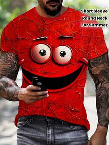 Men's 3D Digital Cartoon Funny Face Print Round Neck Short Sleeve T-Shirt, Casual Polyester Knit Tee, Novelty Streetwear Top For Summer - 彩色 - 查看 3