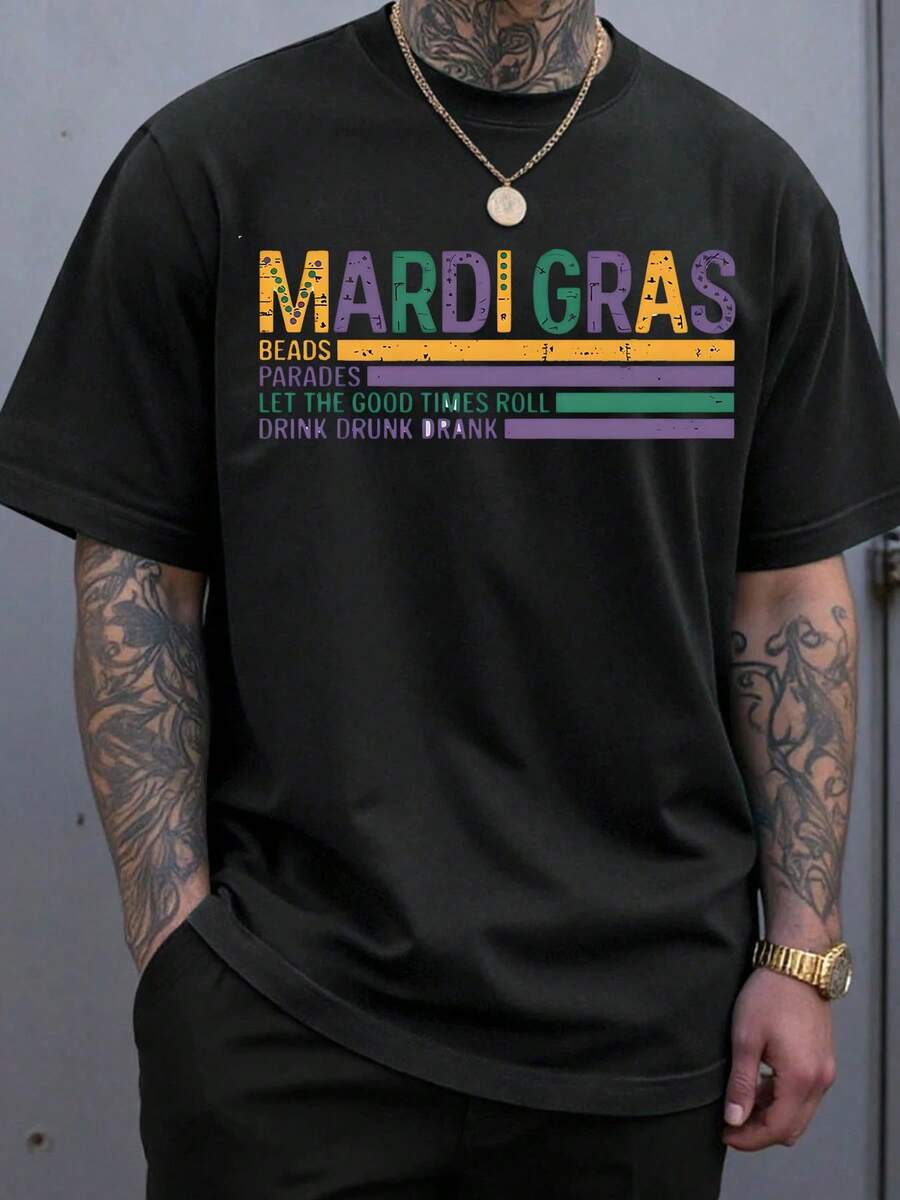 Mardi Gras T Shirt Black Colorful Mardi Gras Text And Graphic Design For Festival Party Celebration, 220g - 黑色 - 查看 1