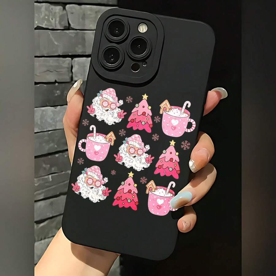 2026 nueva funda de teléfono esmerilada, funda de teléfono con impresión de Papá Noel navideño, árbol de Navidad rosa y taza de chocolate caliente para 17 15 Pro Max 17 14 Pro 17 13 Galaxy S23 S22 S21 protector de teléfono funda de pareja regalo para novio novia regalo de vacaciones - Negro - Ver 1