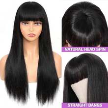 Parrucca fatta a macchina con frangia, parrucche lisce in capelli umani per donne, senza pizzo frontale, densità 180%, capelli vergini brasiliani, senza colla, colore naturale. - Natural Black - Visualizzare 8