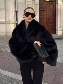 Women's Solid Color Faux Fur Jacket, Long Sleeve Warm Winter Coat, Fashion Lapel Loose Casual Jacket Black - 黑色 - 查看 9