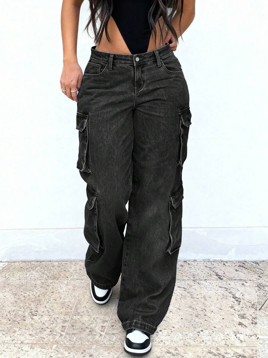 Plus Size Women's Y2K Streetwear Multi-Pocket Cargo Straight Leg Jeans - màu đen - Xem 1