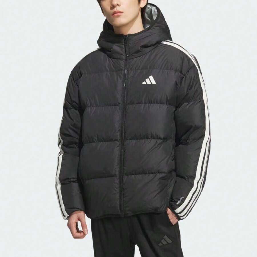 adidas 3S RVSB D JKT男女同款拒水防風雙面穿戶外運動休閒保暖連帽長袖羽絨外套KC2490 - 黑色/淺灰色(雙面穿) - 查看 1