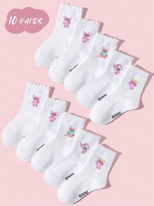 Disney 1/5/10 Pairs Spring/Summer Children/Girls Campus Socks/Lace Socks/Short Socks, Cute Sweet Cartoon Stitch Pattern Decor, Simple Soft Skin-Friendly White College Style Mid-Calf Socks, Versatile Breathable Moisture-Wicking Comfortable Durable Sports Socks, Suitable For Classroom/New Semester/Back To School/Student/Campus Season Outfit, Casual Sports, Home Relaxation