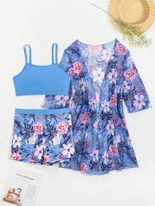 Traje De Baño De Un Solo Color Tipo Camiseta Con Pantalones Cortos Y Pareo Con Estampado Floral Para Mujer,Trajes De Baño Dama,Bañadores - Azul oscuro - Ver 5