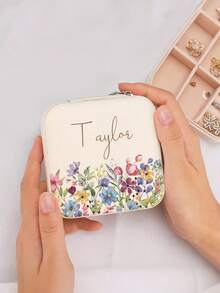 1pc Personalized Wildflower Field Beige Jewelry Box Zipper Closure Customizable Name Bridesmaid Gift Graduation Birthday Gift Wedding Gift Jewelry Organizer Case - Multicolor - View 3