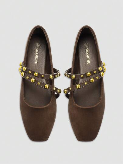 ADAMUMU Women's Fashion Square Toe Casual Party Office Hook & Loop Lightweight Shiny Pearl Decor Comfortable Slip-On Flat Loafers, Apricot