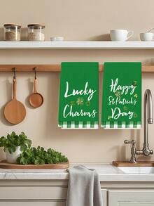 2 Pcs St. Patrick's Day Kitchen Towels Clover Bathroom Towels Watercolor Heart Green Polka Dot Checkered Tea Towels Home Kitchen Holiday Decorations - Green - View 5