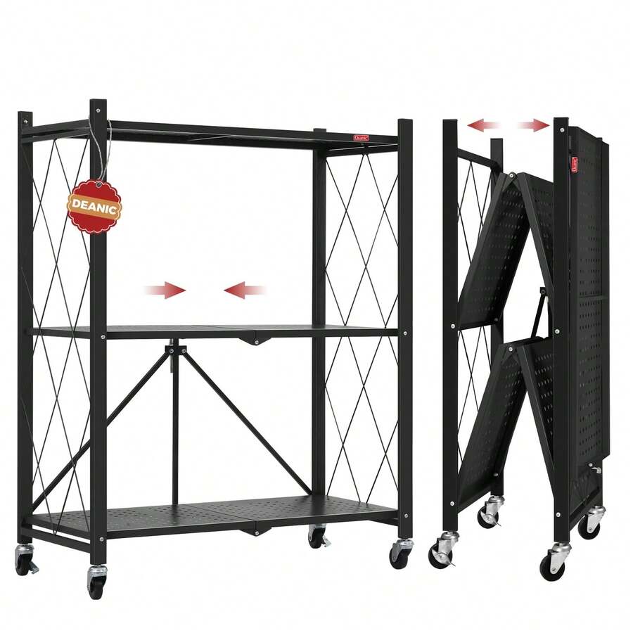 Estantería plegable con ruedas, estantería metálica plegable, unidad de estantería resistente sin necesidad de montaje para garaje, cocina, sótano, despensa, color negro - Negro - Ver 1