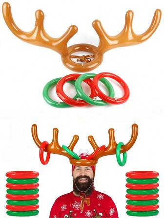 5 piezas/10 piezas/(1 Cuerno + 4 Aros) Juego de Lanzamiento de Aros con Cuernos de Reno Inflables, Sombrero con Cuernos de Reno Inflables, Juegos de Lanzamiento de Aros para Fiestas de Navidad, Suministros Geniales para Juegos Navideños en Familia