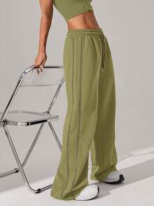 Women's Waffle Knit Loose Straight Leg Drawstring Waist Contrast Color Simple Fitness Sports Pants, Spring/Summer - Grass Green - View 7