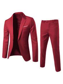 2pcs/Set Men's Formal Business Wedding Solid Color Suit - Red - View 2