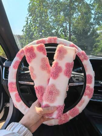 3件/2件装汽车内饰套装，花朵毛绒冬季汽车方向盘套和安全带肩套，防滑、保暖、可爱、个性化，四季通用