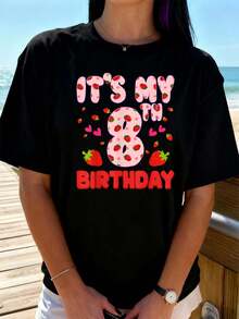 Kinder 8 Jahre alt Erdbeer Geburtstagsmädchen Süßes Obst 8. T-Shirt Damen T-Shirt Grafik-T-Shirts Crop Tops Outfits Tops T-Shirt - Schwarz - Übersicht 1