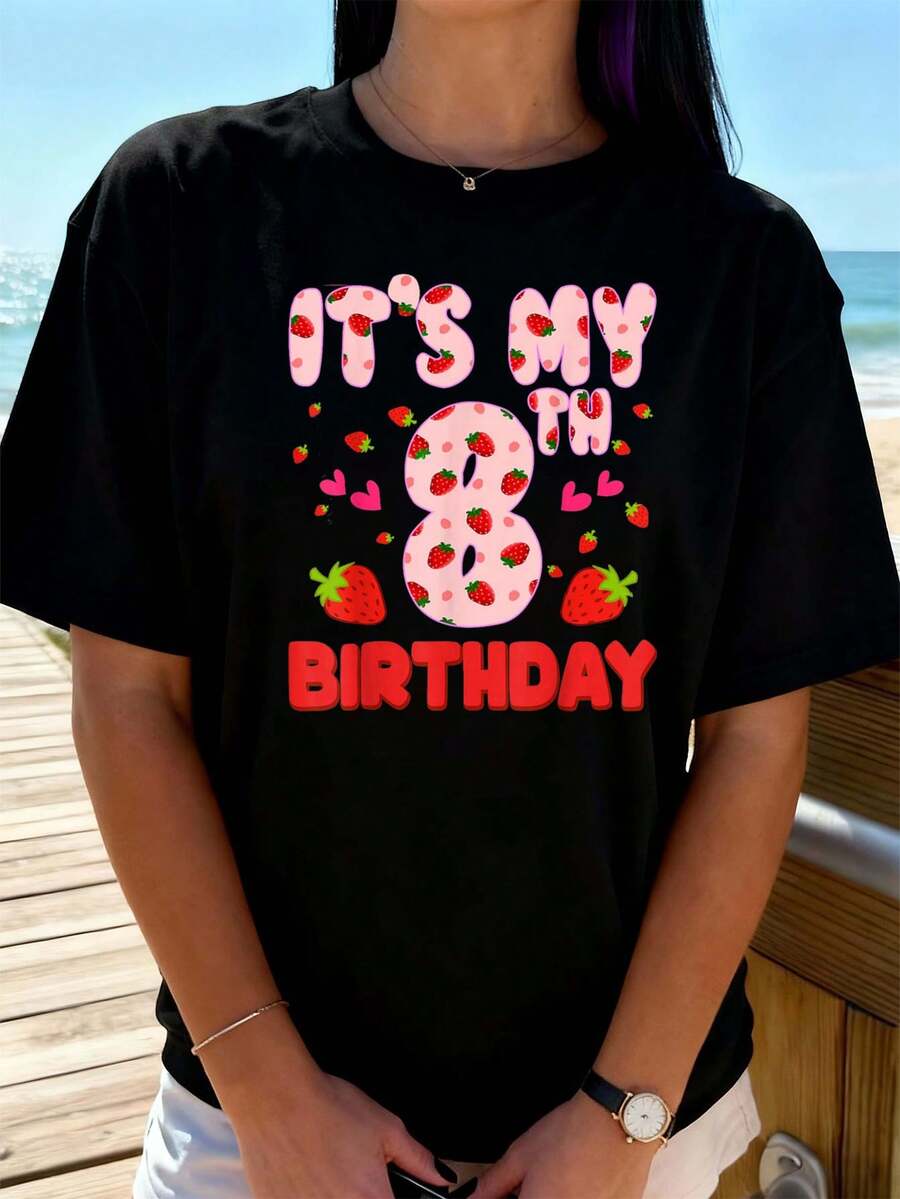 Kinder 8 Jahre alt Erdbeer Geburtstagsmädchen Süßes Obst 8. T-Shirt Damen T-Shirt Grafik-T-Shirts Crop Tops Outfits Tops T-Shirt - Schwarz - Übersicht 1