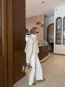 Blogger's New Autumn Women's Jacket Polka Dot Print Drawstring Drop Shoulder Wide Style Jacket - White - View 4