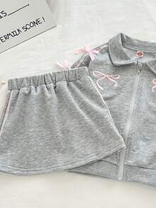 2pcs/Set Young Girl' Fashion Casual Cute Bow Design, Includes: Bow Embroidered Jacket + Ribbon Skirt - Grey - View 8