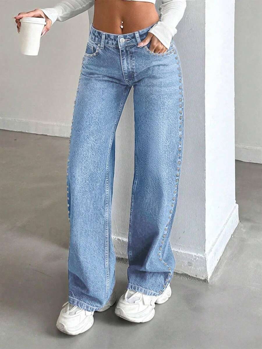 Women's Straight Leg Jeans With Studded Details Mid Rise Non-Stretch Denim Pants - 淺色水洗藍 - 查看 1