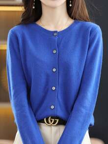 Cárdigan De Punto De Mujer, Cárdigan De Unicolor Con  Botón Delantero De Dama, Cárdigan De Punto Con Cuello  Redondo Para Mujer - Azul - Ver 3