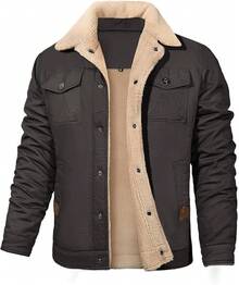 Mens Winter Thick Thermal Cotton Warm Fleece Lined Sherpa Trucker Lapel Work Cargo Jackets Coat OuterwearChristmas 8453 - 灰色 - 查看 12