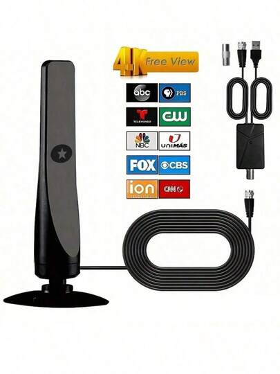 2025新款高清电视天线 - 360°全方位信号接收，支持4K高清智能电视，包含3.05米同轴电缆，USB供电，即插即用