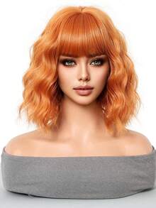 Tóc giả dự tiệc 14 inch, tóc ngắn xoăn màu cam sáng, chất liệu tổng hợp tự nhiên, có mái và sóng, phù hợp cho người mới bắt đầu, có thể dùng cho các bữa tiệc, cosplay và các dịp khác. - Cam bẩn - Xem 3