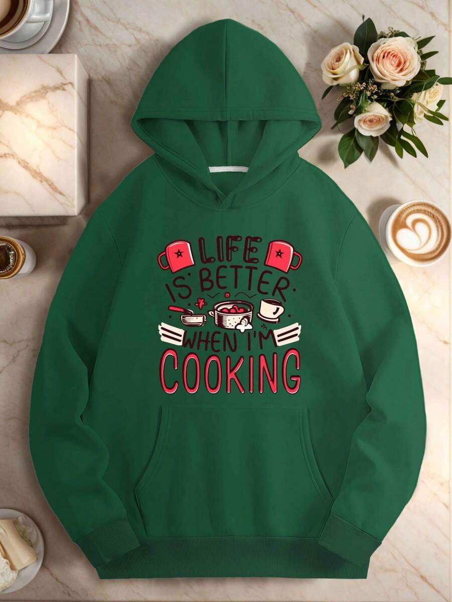 250g Heavyweight Hooded Sweatshirt For Women Plus Size - Funny Cooking Pattern Pullover With Chef Hat And Cutlery Print, Black With Red Letters, Coffee Cup And Kitchen Utensils Design, Machine Washable Winter Warmth, Suitable For Baking And Cooking Enthusiasts Casual Autumn Winter Sweater, Geometric Pattern Non-Stretch Fabric With Front Pocket, Loose Fit For Casual Outfits, Unisex Loose Oversized Sweatshirt, Girl Boyfriend Style Outfit, Casual Versatile Long Sleeve Jacket - 綠色 - 查看 1