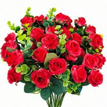 1/2/4 Bunches Realistic Red Rose Artificial Flower Bouquet, Faux Red Roses With Eucalyptus Leaves, Ideal For Valentine's Day Gift, Wedding Decor, Bridal Bouquet, Engagement Party, Romantic Home Centerpiece - Red - View 1