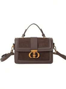 Minimalist Solid Color Vintage Patchwork Matte Faux Suede Handbag, Compact Unique Design With Exquisite Hardware, Fashionable Elegant Ladies Shoulder Bag Suitable For Commuting, Shopping, Dating, Gifting, Photography And Other Occasions - Coffee - View 8