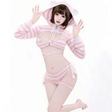 Sexy Fuzzy Cat Cosplay Set For Women, Open-Chest Kawaii Kitty Costume With Bikini & Choker, Cute Furry Cat Ears Outfit For Halloween & Christmas Party – One Size - Màu Hồng baby - Xem 9
