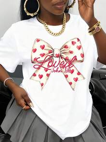 White T-Shirt With Heart Bow Design Loved John 316 Christian Graphic Tee For Women Valentine's Day Gift Casual Wear Fashion Top - 白色 - 查看 1