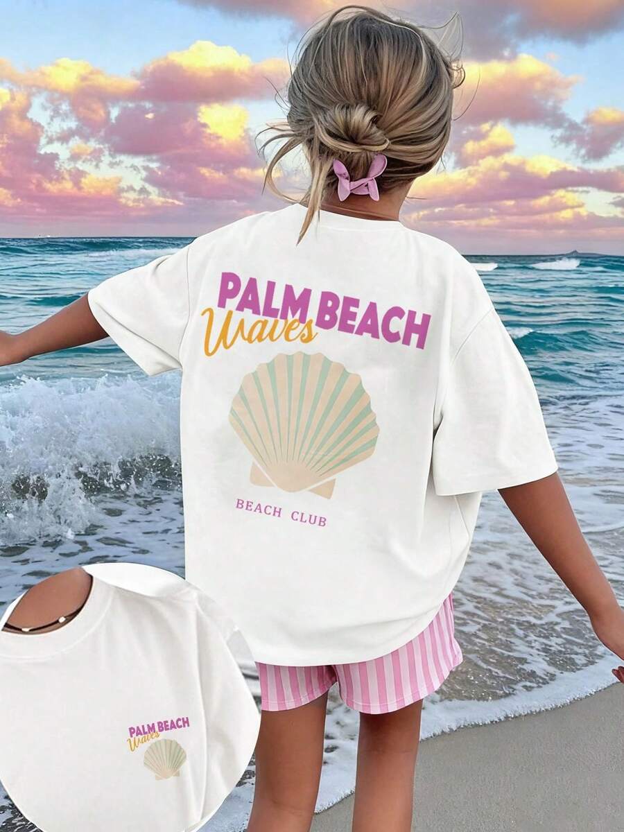 1 件女童贝壳休闲印花套头短袖 T 恤,适合年轻学生的舒适时尚夏季上衣 - 白色 - 查看 1