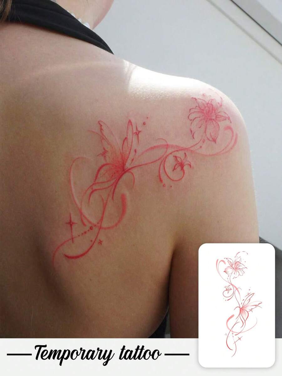 1 Piece Of Valentine's Day Temporary Tattoo Sticker, Y2K Simple Style Red Rose Flower Butterfly Pattern Waterproof And Sweatproof Washable Non-Reflective Arm And Shoulder Simulation Tattoo Suitable For Fashionable People And Can Last 3-5 Days - Red - View 1