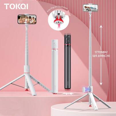 TOKQI Chân máy ảnh tự sướng siêu dài 1770mm, công tắc nút nhấn một chạm, chân đế mở rộng bằng nhôm, giá đỡ điện thoại xoay với điều khiển từ xa không dây Bluetooth tương thích với cắm trại ngoài trời, du lịch, quay vlog, tiệc gia đình, ghi hình ngày lễ, phát trực tiếp