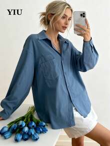 YIU LUMOS Women's Blue Button-Down Shirt, Lapel Collar Long Sleeve Pocket Loose Fit, Elegant Commuter French Style Blouse, Suitable For Office, Daily Business Casual - Blue - View 5