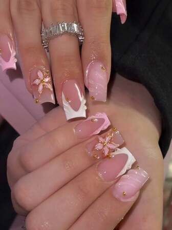 24Pcs 3D Gelnail Makes Short Square With Pearl Decoration Pink French Tip Press On Nails Fake Nail Set,Contain 1pc Jelly Glue And 1pc Nail File,Easy To Wear 3D Gelnails French Tip Press On Nails Art For Woman Girl Daily Work Festivals Party Use