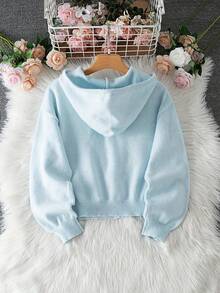 Women's Soft Light Blue Zip-Up Hoodie - Casual Fashionable Long Sleeve Cardigan, Stretchy & Comfortable For Autumn/Winter, Ribbed Details Design, Button Closure, Breathable Fabric, Pullover, Essential For Fall - Baby Blue - View 2