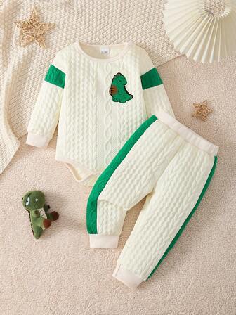 2pcs Newborn Clothes Set, Casual Stylish Cute Patchwork Contrast Color Jacquard Green Dinosaur Embroidery Long Sleeve Romper And Beige Patchwork Green Pants Outfit, Spring/Autumn Outerwear