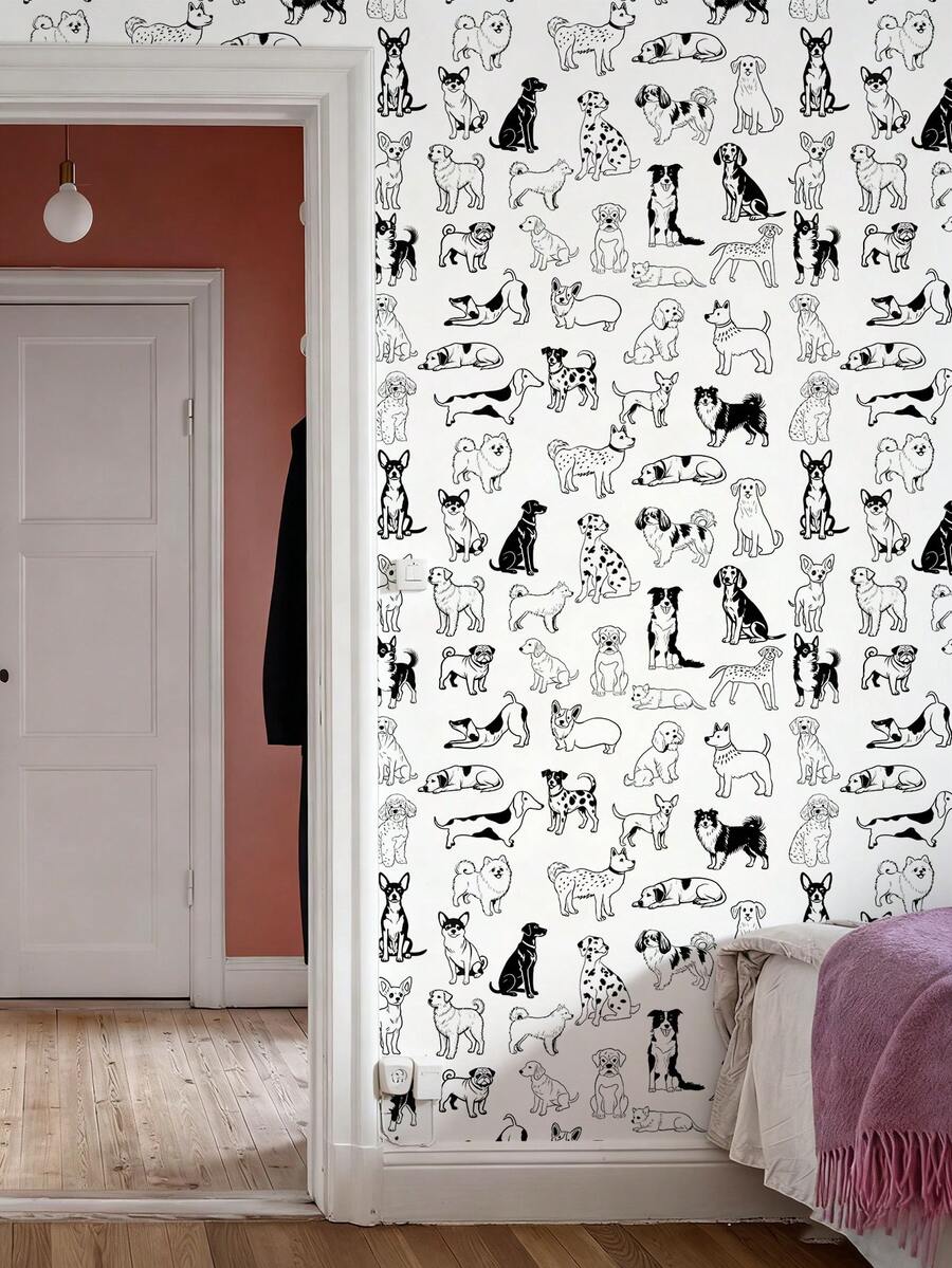 1 Rolo Papel de Parede Adesivo Autocolante Padrão Cachorro Preto e Branco - Descascável e Colável, À Prova d'Água, Removível, Adequado para Sala de Estar, Quarto, Sala de Jantar, Decoração Doméstica, Armário, Escrivaninha, Estante de Livros, Renovação de Móveis, Pet Shop, Propriedade de Aluguel, Decoração de Parede DIY - Multicolorido - Visão 1