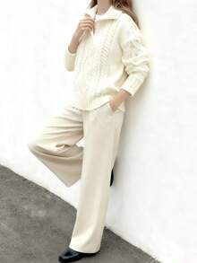 Plus Size Women Elegant High Neck Solid White Diamond Textured Knit Sweater, Casual For Holiday Party, Home, Office, Autumn/Winter - Beige - View 2