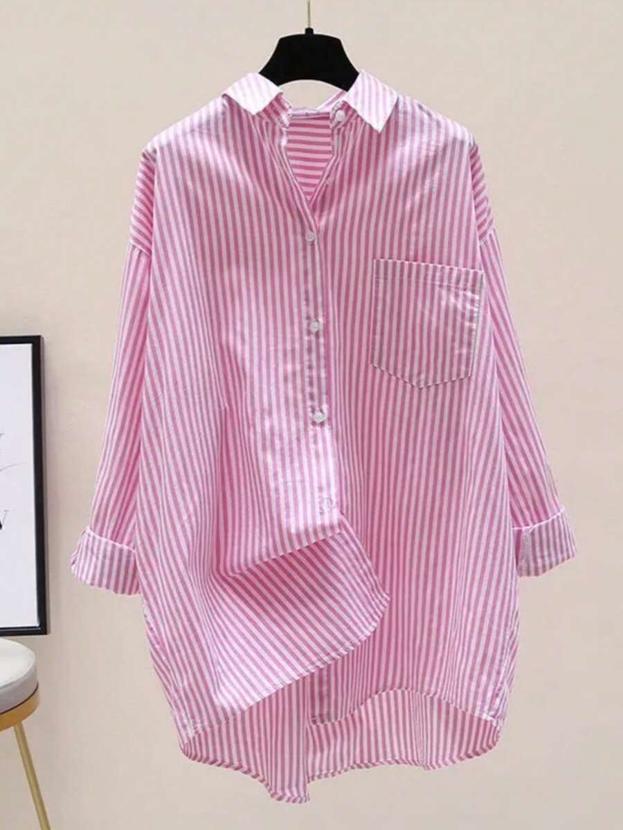 女士条纹前开襟纽扣口袋休闲落肩长袖宽松衬衫 粉色 春季 - 粉色 - 查看 1
