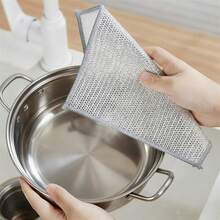 20 piezas/50 piezas Paño de plato de alambre de plata de doble capa, paño de malla resistente al aceite y al desgaste para limpiar ollas en el hogar - Plateado - Ver 8