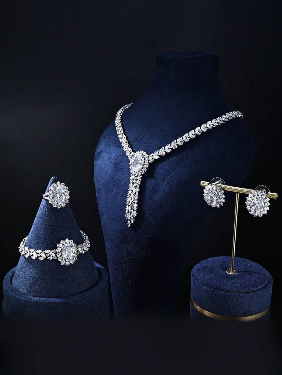 4pcs Platinum Plated Cubic Zirconia Fashion Statement Necklace, Earrings, Bracelet, Ring Set, Luxurious Sparkling Jewelry Set For Women - 4-piece Set Of Tassel and Main Stone Pendant - View 1