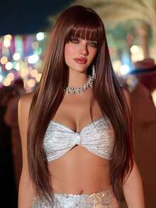 32 Inch Chocolate Brown Straight Layered Wig With Bangs - Soft Heat Resistant Synthetic Wig, Suitable For Women's Daily, Festival, Party, Christmas And Cosplay Occasions - Chocolate Brown - View 1