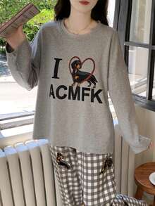 2pcs Women Pajama Set, Cartoon Puppy Graphic Tee And Plaid Print Pants, Comfortable Long Sleeve Sleepwear Suitable For Autumn/Winter - Grey - View 6
