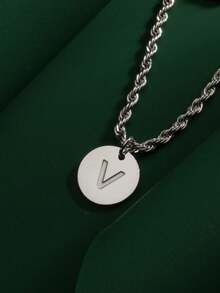 1pc Fashionable Hiphop Stainless Steel Round Disc 26 Letters A-Z Pendant With Stainless Steel Twisted Chain Necklace, Suitable For Men's Daily Wear - Steel-colored Round Letter Necklace - View 36