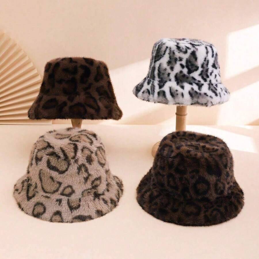 1 chiếc Mũ xô rộng vành mềm mại, ấm áp, họa tiết da báo toàn thân dành cho nữ, phong cách Âu Mỹ cổ điển, thích hợp sử dụng hàng ngày, đi làm, đi chơi, mùa thu/đông - da báo - Xem 1